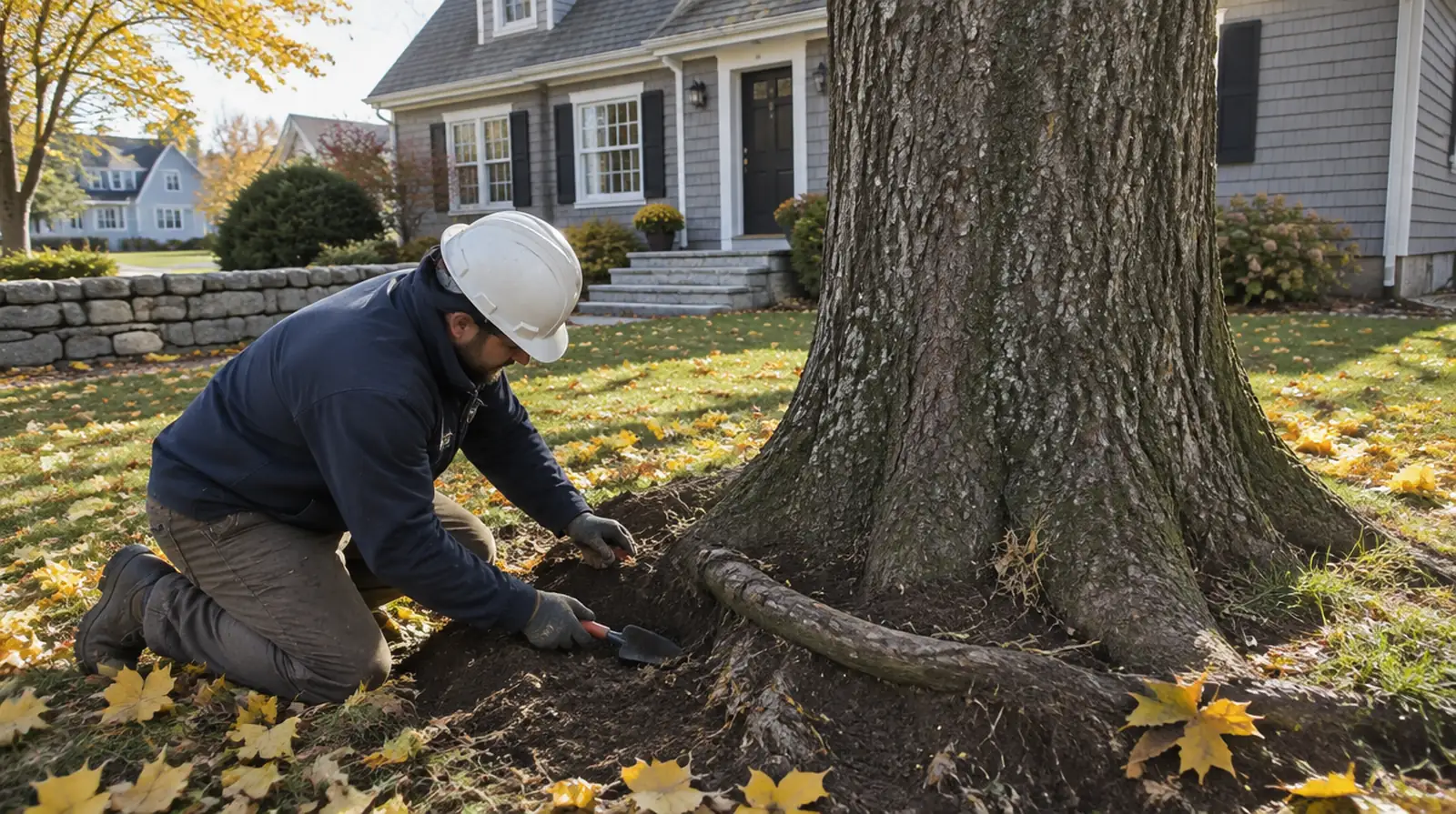 Arborist checking a girdling root at the base of a Norway maple next to a Cape house in Weymouth, MA