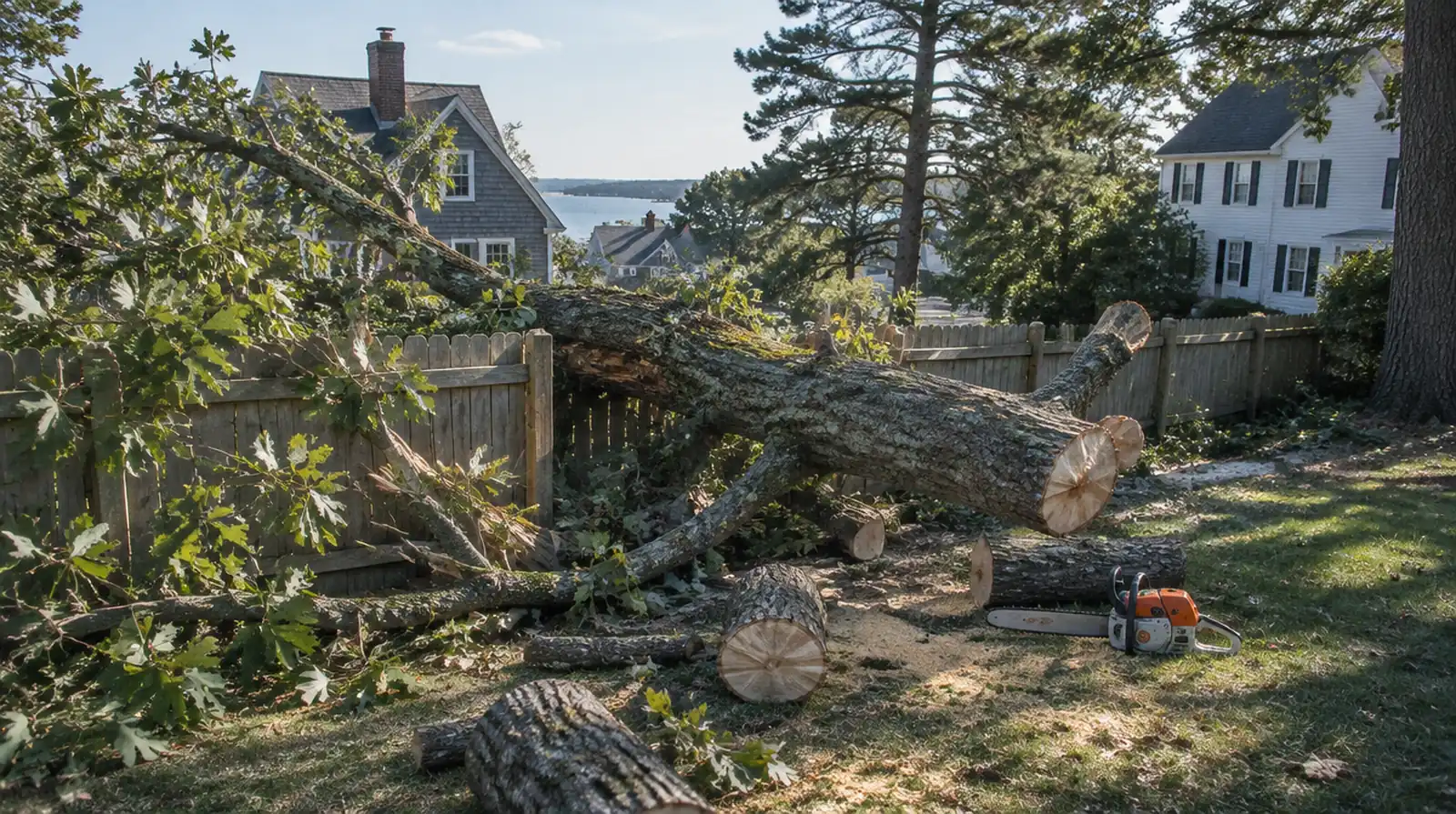 Storm-fallen tree being cut up in Weymouth, MA