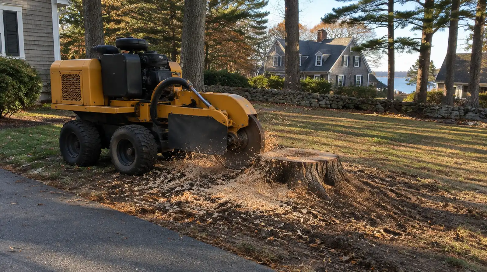 Stump grinder removing a tree stump in Weymouth, MA