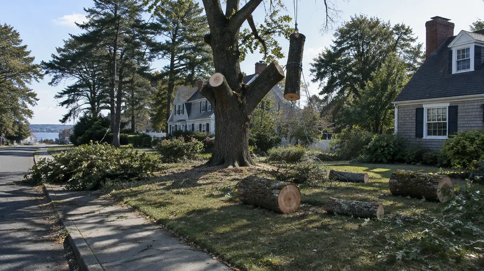 Tree being removed in sections in Weymouth, MA