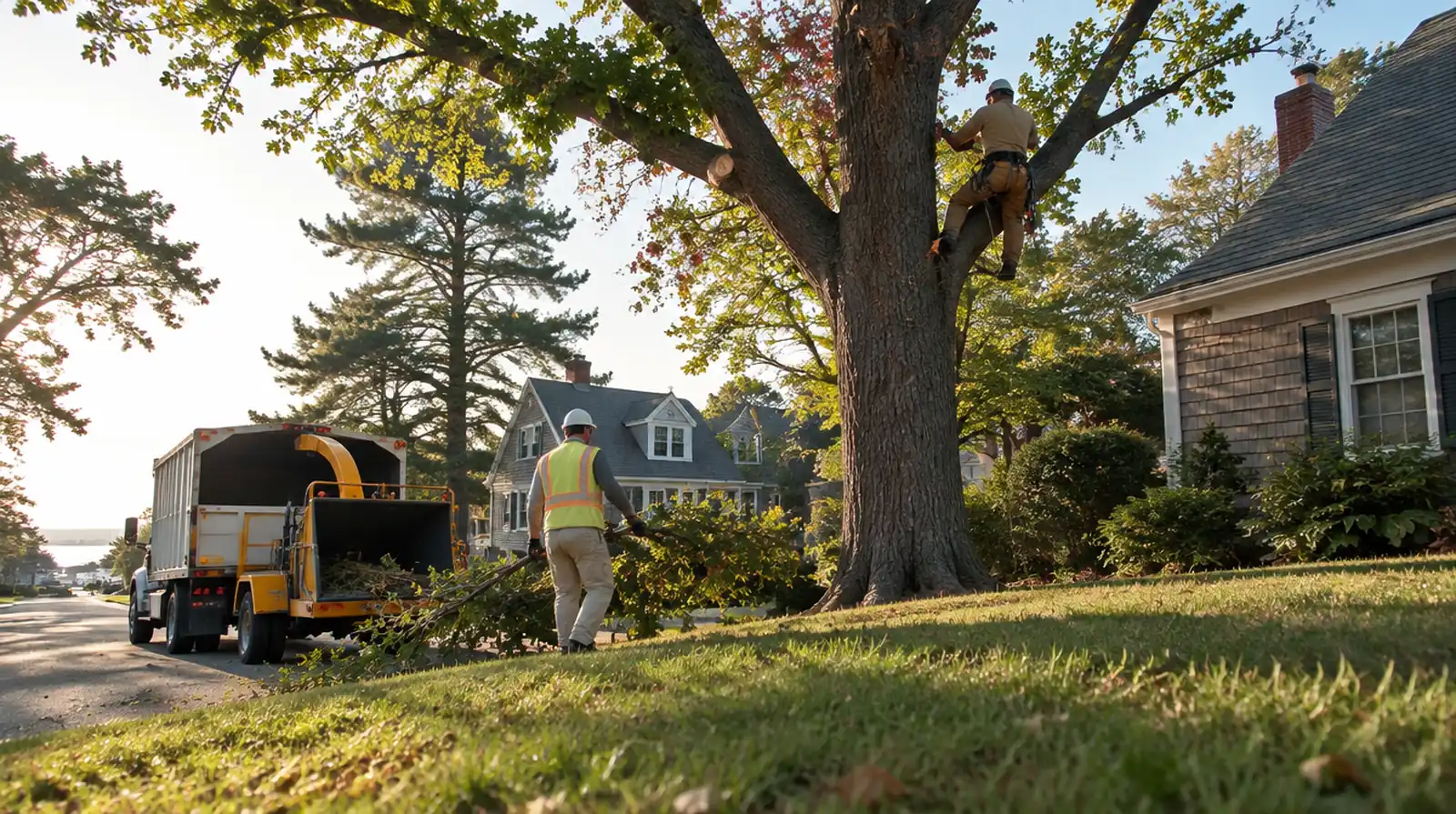 Tree service crew trimming a tree beside a home in Weymouth, MA