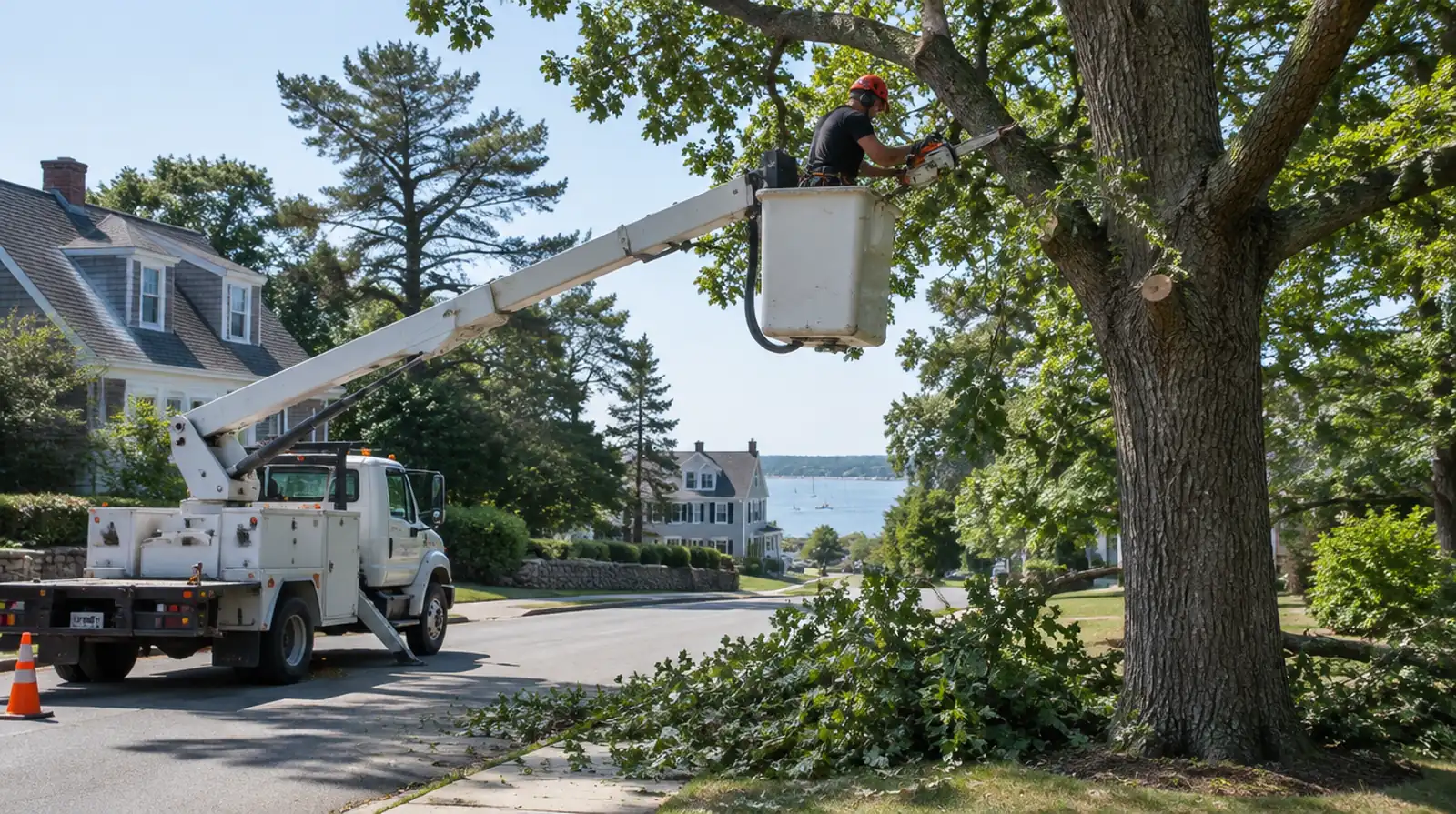 Arborist trimming tree branches from a bucket lift in Weymouth, MA